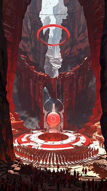 Red Canyon Ritual with Glowing Orb and Floating Ring - Free mobile Wallpaper