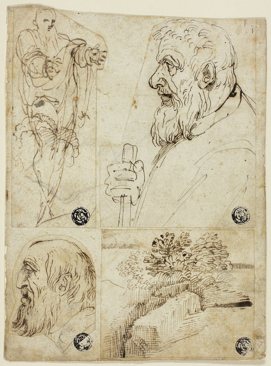 Four Sketches Standing Male Figure Profile Bust of Bearded Man Profile Head of B