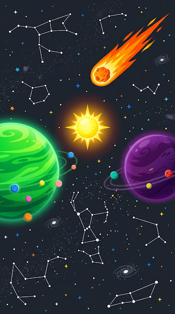 Cartoon Style Cosmic Scene with Colorful Planets and Star Constellations - Free mobile Wallpaper