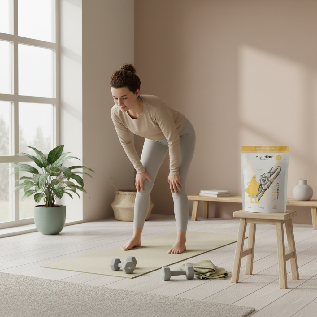 Minimalistische Heimtrainingsszene im skandinavischen Wohnzimmer mit Yogamatte, leichten Hanteln und winterlichem Tageslicht – motivierend und alltagsnah. Eiweißshake abnehmen