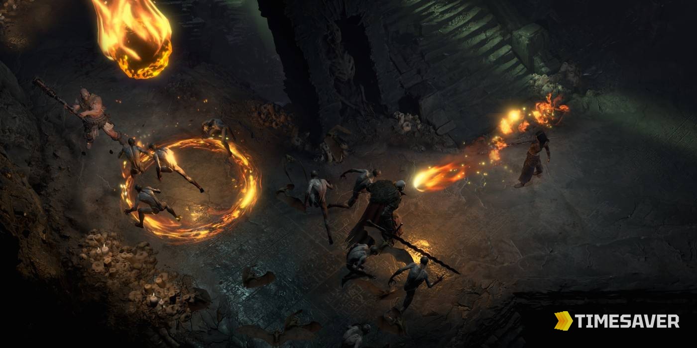 Diablo 4 Whirlwind Barbarian spinning through a horde of enemies in a Season 14 dungeon