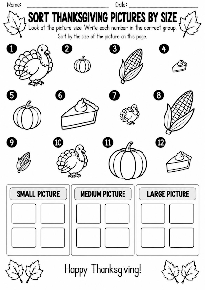 Thanksgiving Picture Size Sorting Worksheet