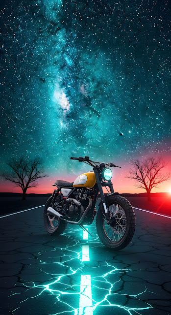 Neon Motorcycle Ride Under a Cosmic Sunset Sky - Free mobile Wallpaper