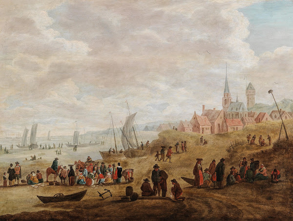 A coastal landscape with numerous figures