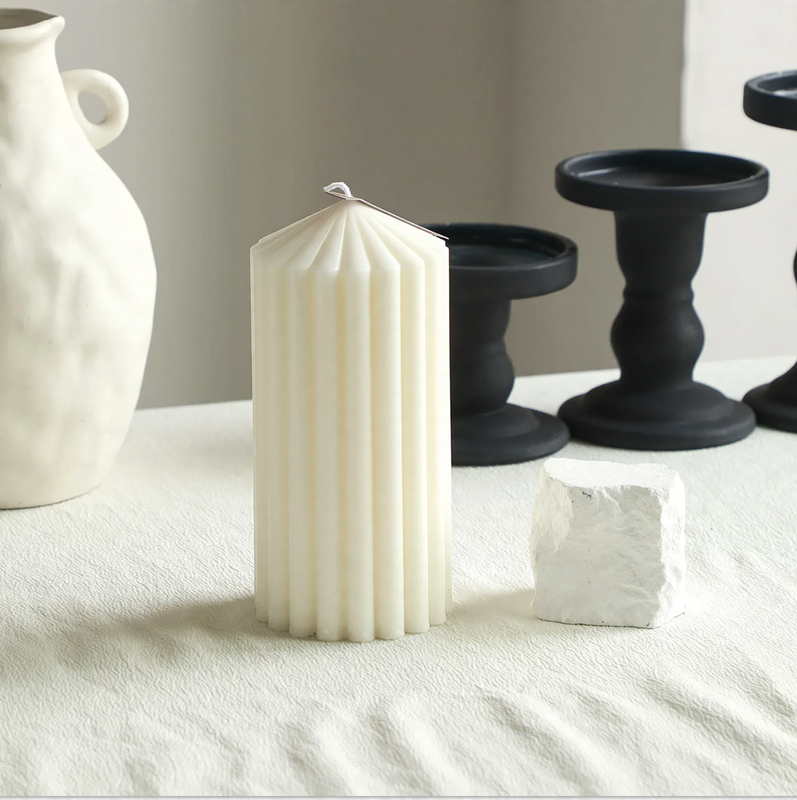 White geometric scented candle, Nordic, pillar shape