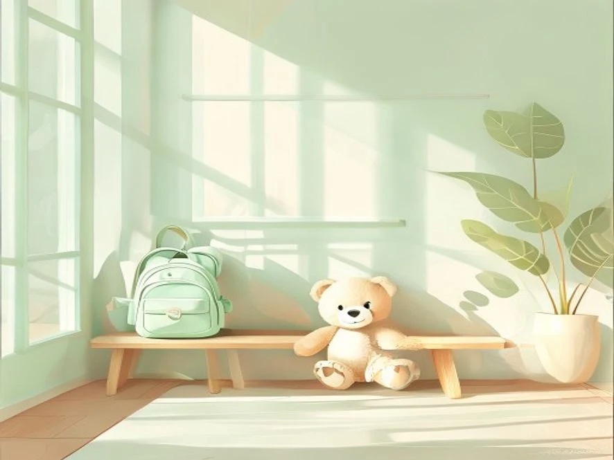따뜻한 햇살이 비치는 아늑한 어린이집 내부에 놓인 민트색 가방과 곰 인형 플랫 벡터 일러스트