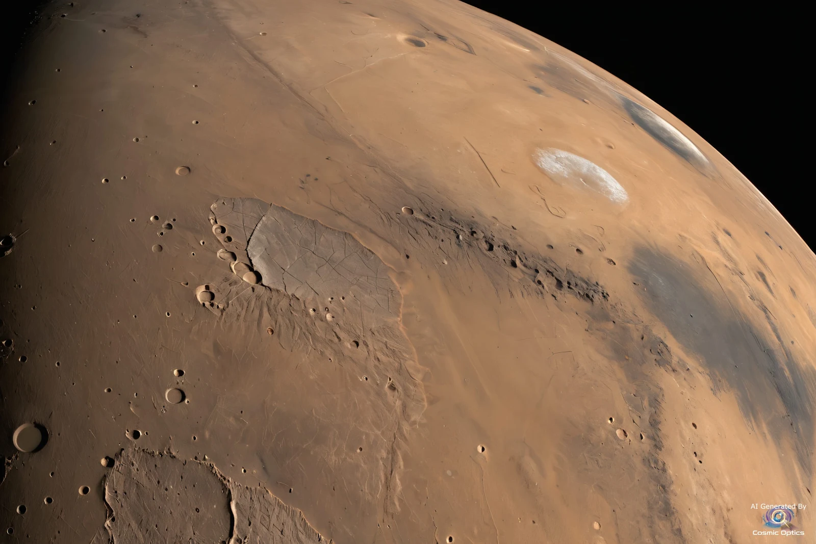 An authentic, photorealistic astronomical photograph of the planet Mars in deep space. A highly deta_00035