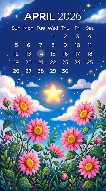 April 2026 Calendar with Pink Floral Illustration and Blue Sky Background - Free mobile Wallpaper