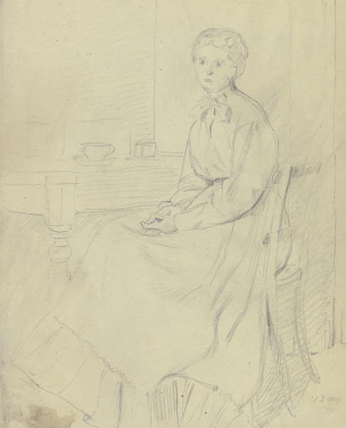 Luise Scholderer am Tisch sitzend 1871