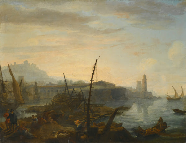 A Mediterranean Port With Figures Resting And Fishermen Drawing In Their Nets In