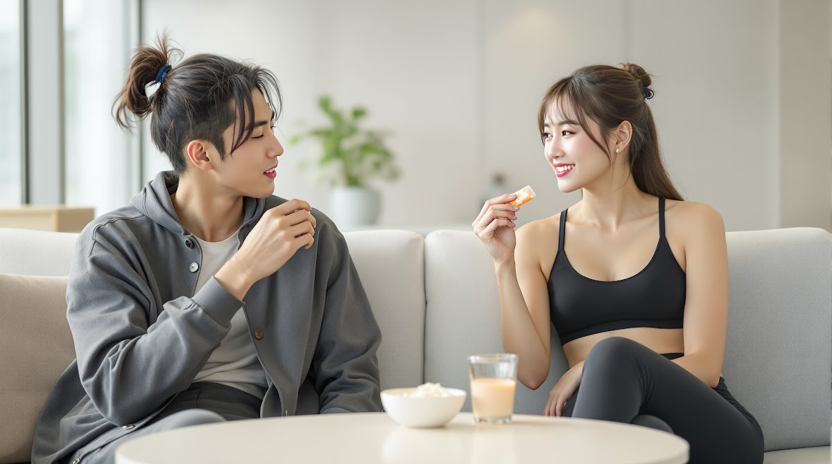 운동 후 밝은 피트니스 공간에서 젊은 남녀가 리부트라이프 리부트 유산균 젤리 등 젤리영양제추천 제품을 간편하게 섭취하며, 이너뷰티와 체중관리 루틴을 실천하는 모습. 테이블에는 요거트, 샐러드, 아이스크림 등 젤리영양제 활용 식단도 함께 배치됨