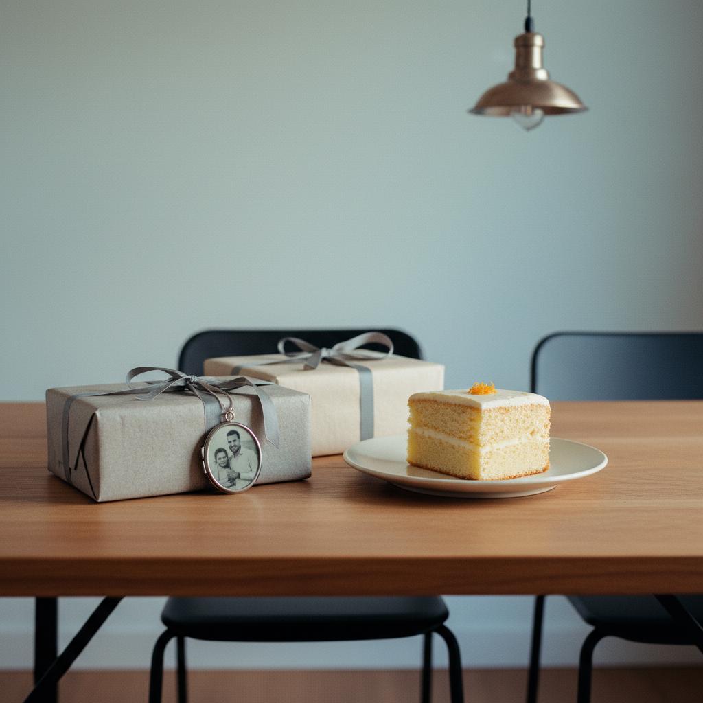Nahaufnahme eines minimalistischen Esstischs mit wenigen Geschenken, Fotoanhänger und Vanillekuchen – symbolisch für eine vater-tochter-beziehung.