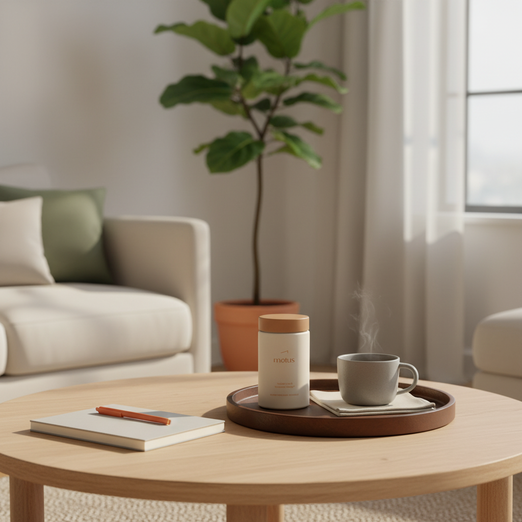 Tonum Motus jar on a minimalist coffee table beside a cup of tea and a closed notebook, conveying calm evidence-based weight loss — what qualifies you to be a health coach