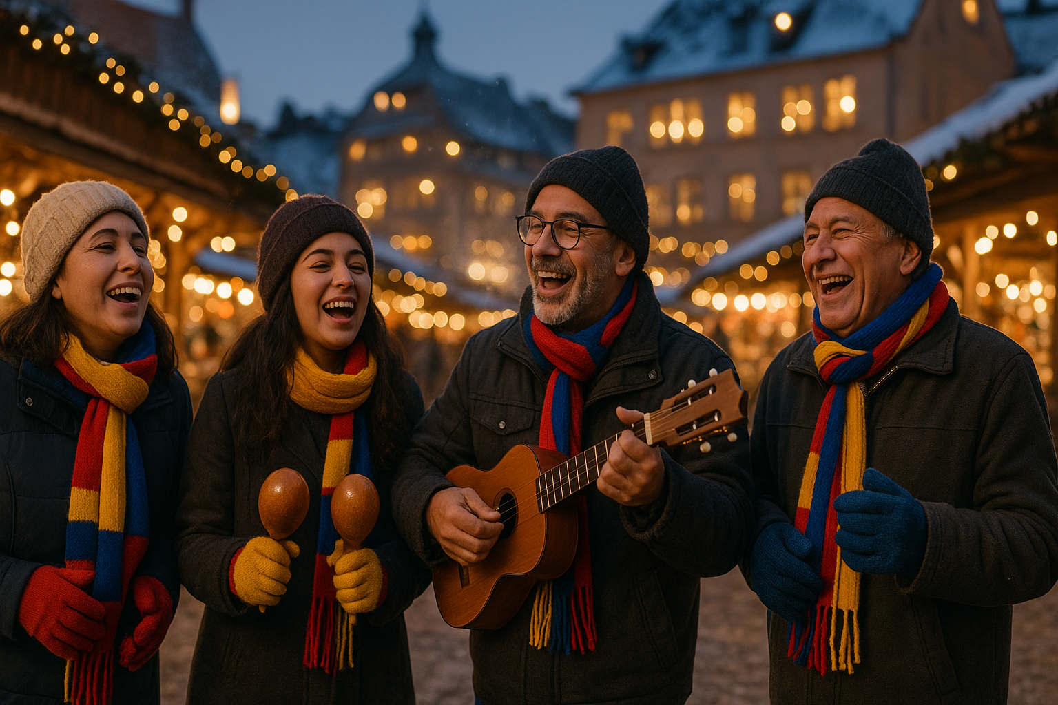 Venezolanos cantando gaitas en un mercado de invierno europeo