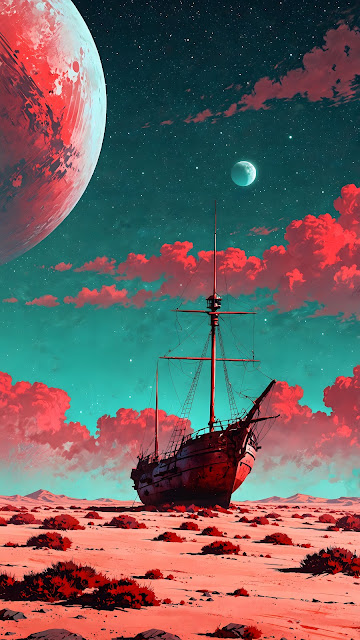 Stranded Galleon on Martian Desert Planet Surreal Landscape - Free mobile Wallpaper