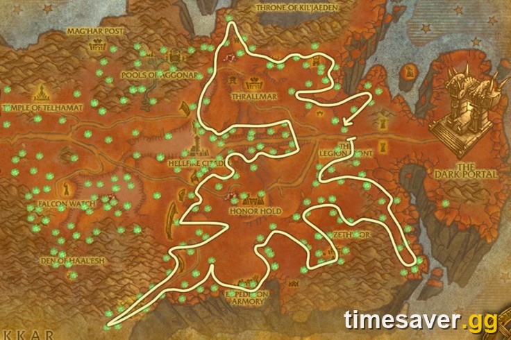 A planned gathering route with mining and herb node markers across a zone — the two-gatherer gold engine