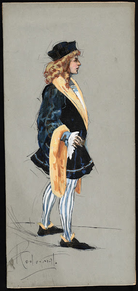A man standing in a blue doublet and hose in profile