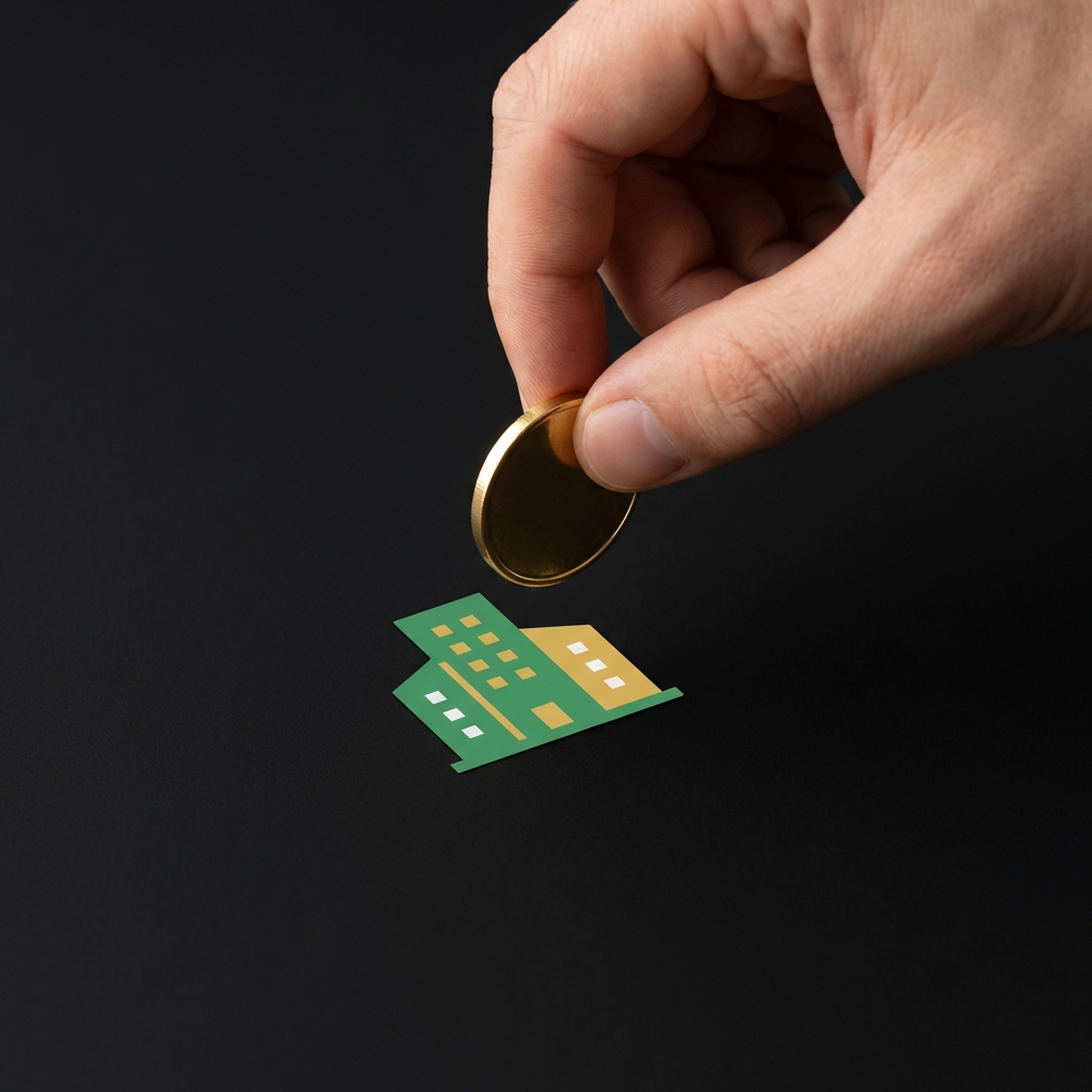 Hand holding a single coin above a small stylized company icon on a dark matte background illustrating fractional ownership and stock market basics