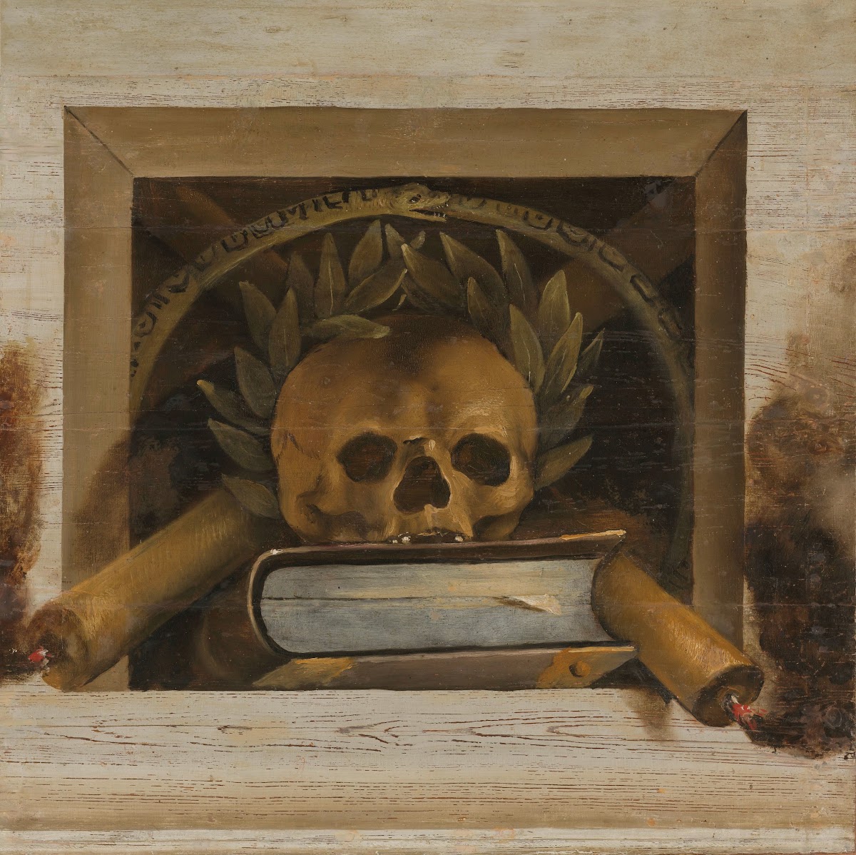 Vanitas Still Life with Scull with Laurel Wreath Book and two Burning Candles 16