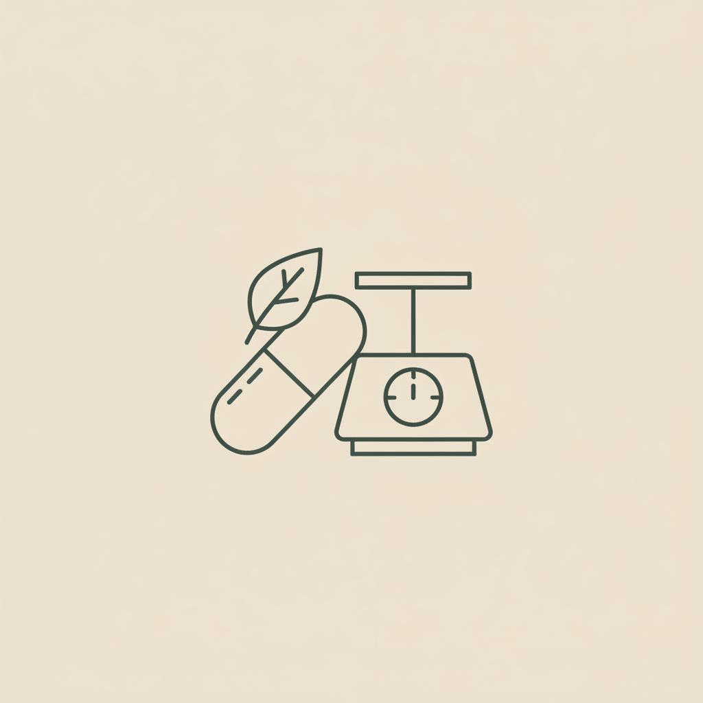 Minimal Tonum-style 2D vector line illustration of a capsule, leaf, and scale representing appetite suppressant pills on a flat beige background #F2E5D5