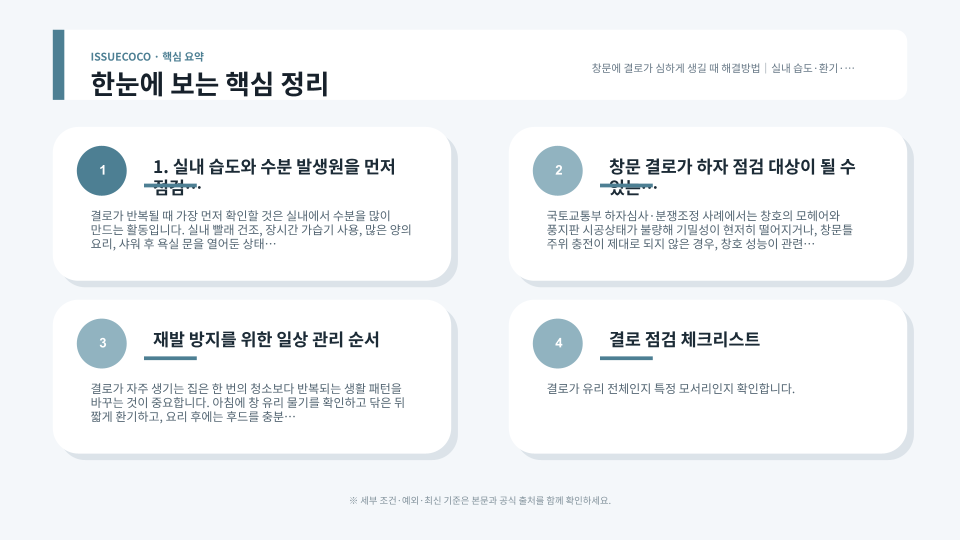 창문 결로의 실내 습도·환기·창틀 밀폐 상태를 순서대로 확인하는 점검 안내