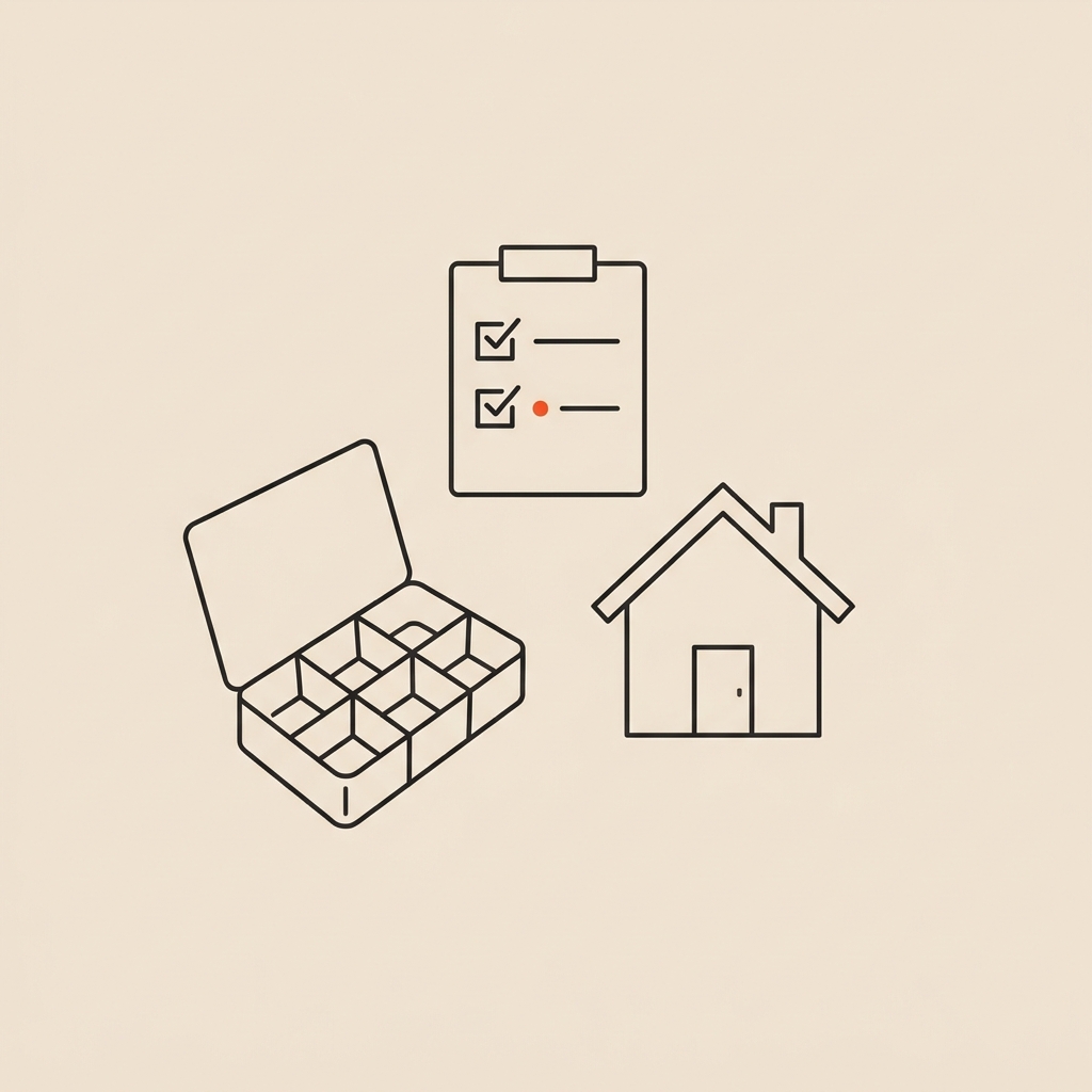 Minimal Tonum style line illustration of a pill organizer checklist and home silhouette representing medication management and support for mild cognitive impairment