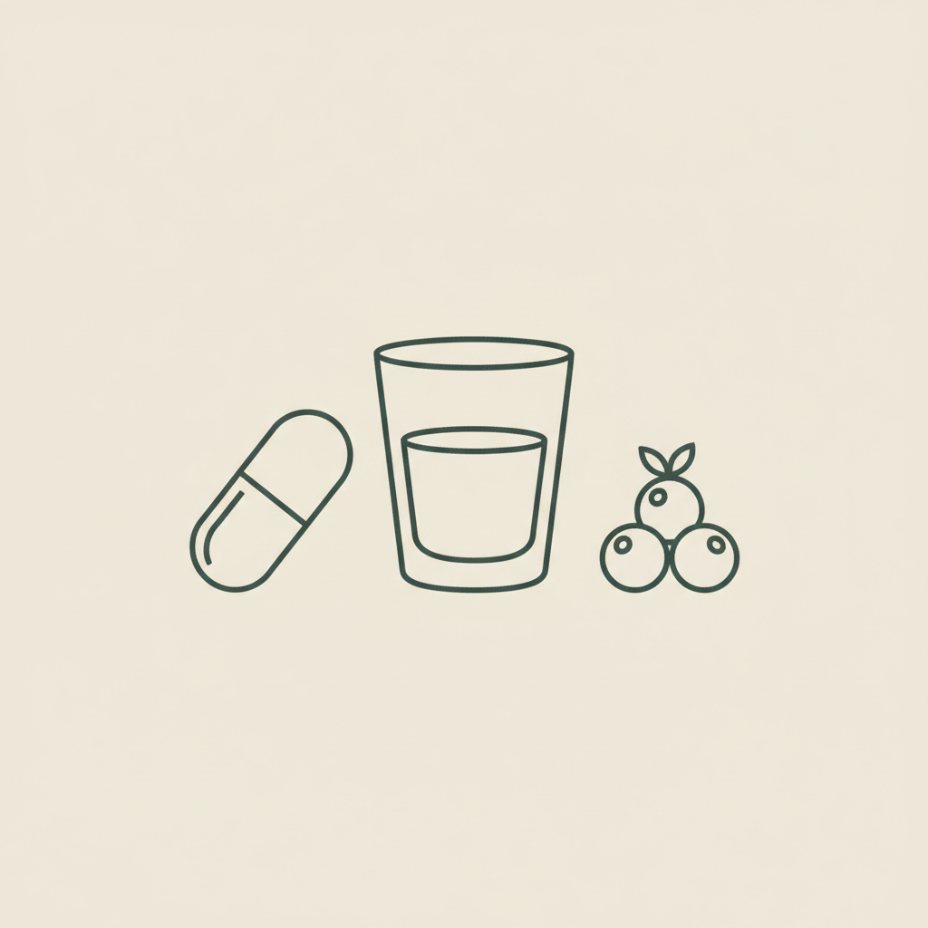 Minimal Tonum-style line illustration of a capsule, water glass, and berry cluster on a beige background, symbolizing gentle weight-management options — phentermine alternatives over the counter