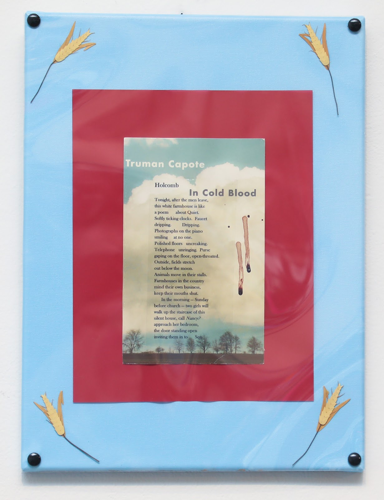 Poem on Canvas with vellum, book cover, and wheat