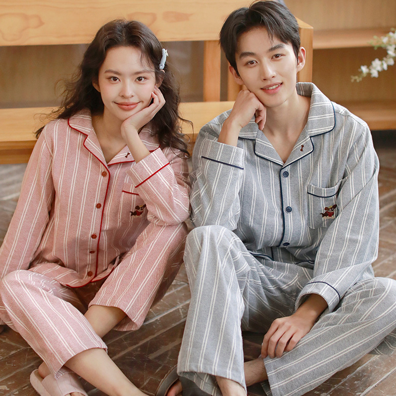 Cotton pajamas for couples, striped, embroidered