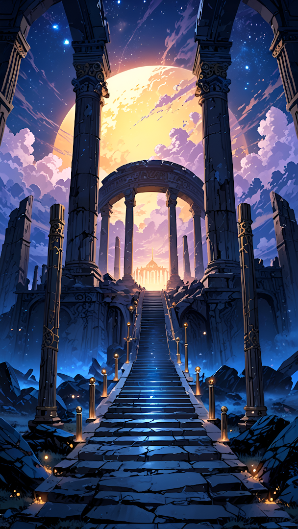 Moonlit Stairway Through Ancient Ruins to Distant Temple