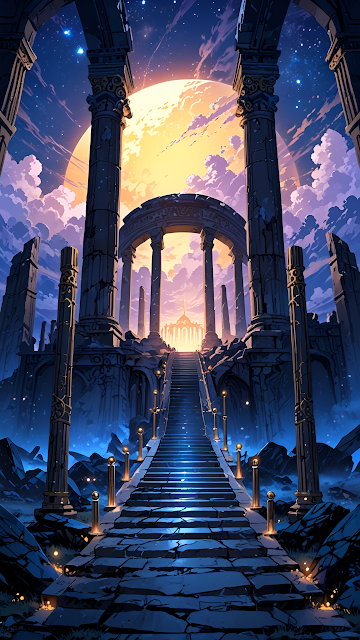 Moonlit Stairway Through Ancient Ruins to Distant Temple - Free mobile Wallpaper