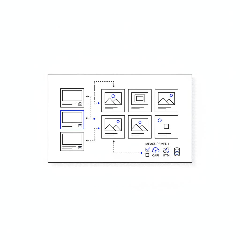 Notebook vector with storyboard frames, ad thumbnails and metrics icons (CAPI, UTM, CRM) in #39383f with #1a5bfb accents &mdash; facebook targeting small businesses