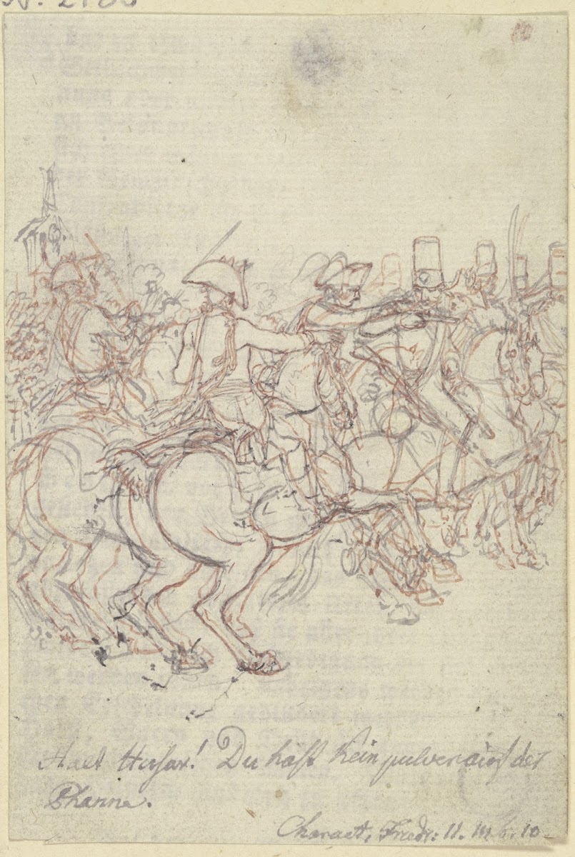 Eine Gruppe von Soldaten zu Pferde nach rechts sprengend ca 1800
