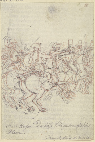 Eine Gruppe von Soldaten zu Pferde nach rechts sprengend ca 1800