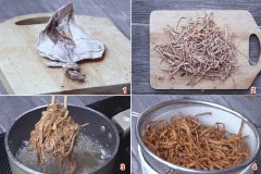 Khô mực nướng chín rồi đập cho mềm, xé nhỏ. Đun sôi dầu ăn, cho khô mực vào chiên sơ, vớt ra để cho ráo dầu.