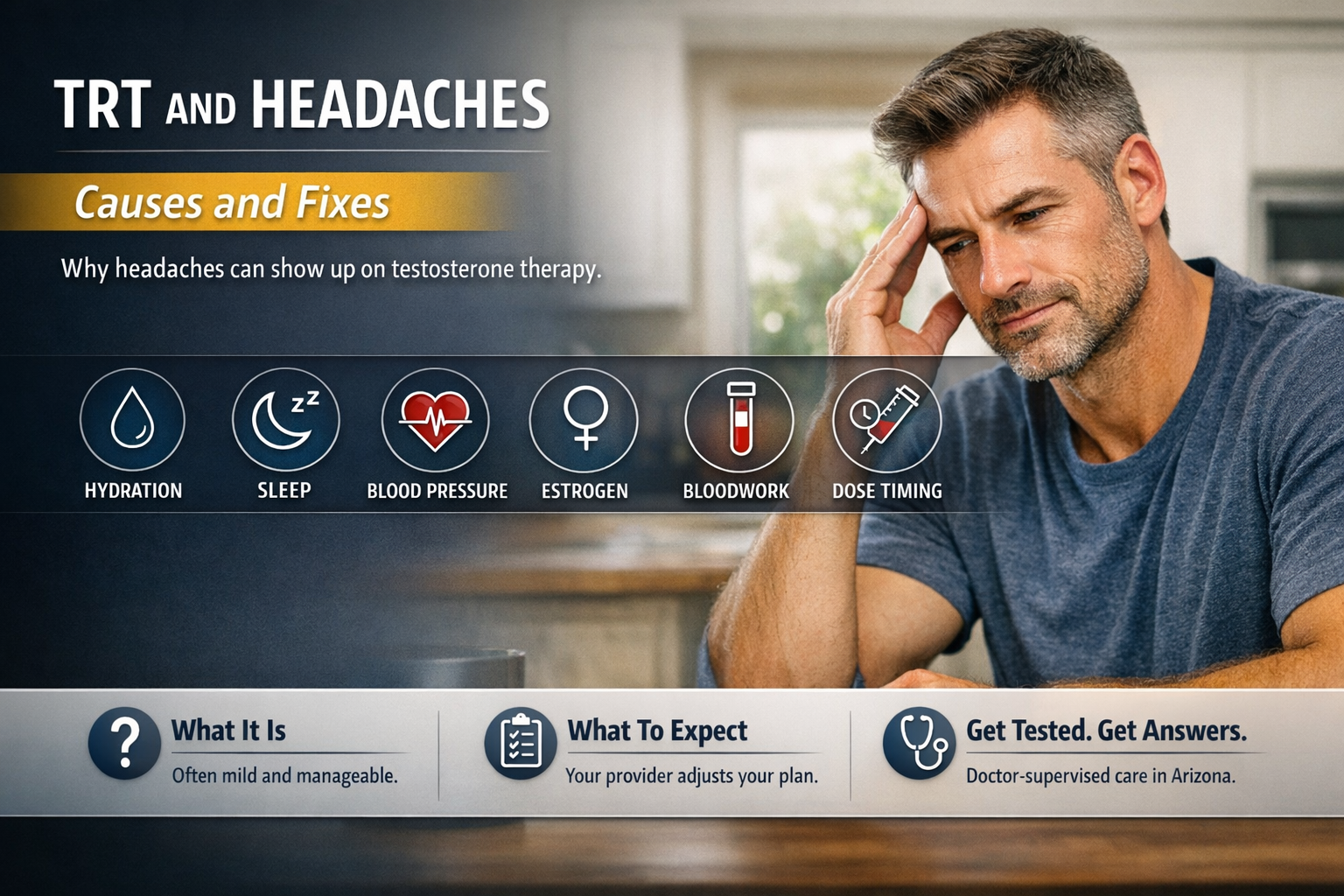 Does TRT Cause Headaches? Causes and Fixes for AZ Men — AZTRT Arizona TRT clinic blog cover showing a man touching his temple with an infographic on hydration, sleep, blood pressure, estrogen, bloodwork and dose timing