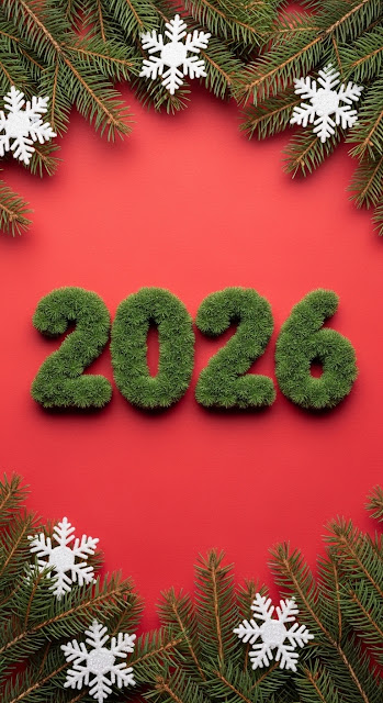 Christmas 2026 Typography with Pine Needles and Snowflakes - Free mobile Wallpaper