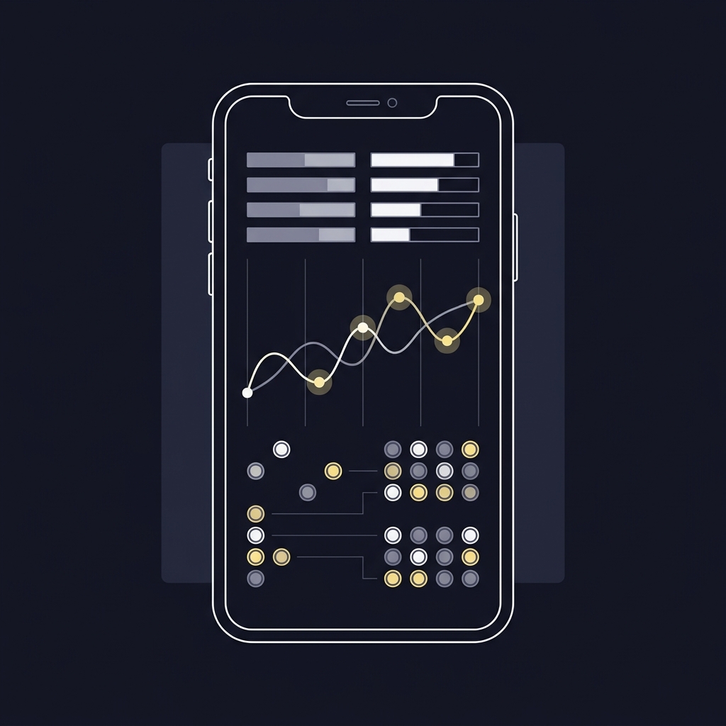 Minimalist 2D vector of a mobile device showing a live game data feed with bar graphs and update nodes illustrating How Sportsbooks Build a Betting Line in Funded Plays colors