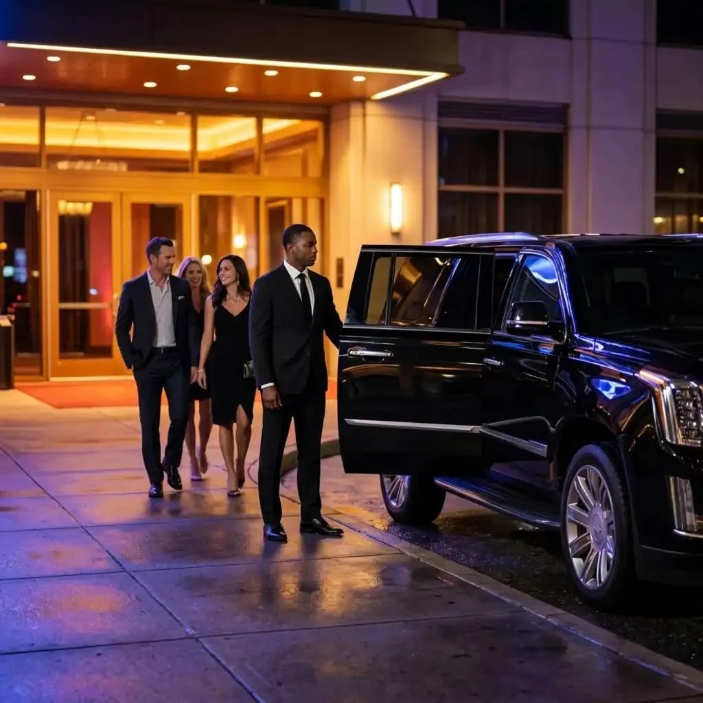Chauffeur opening a black SUV door for an elegantly dressed group at a Houston venue