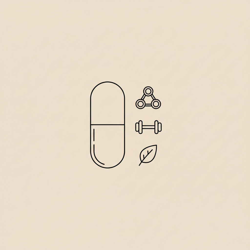 Minimalist line illustration of a capsule with protein circles, a dumbbell and a leaf on beige background, representing best supplement for menopausal weight gain
