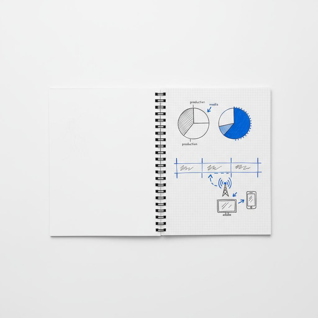 Top-down open notebook with sketched ad-budget diagrams showing pie charts, a testing timeline, and broadcast/streaming icons highlighting 30 second ad cost considerations