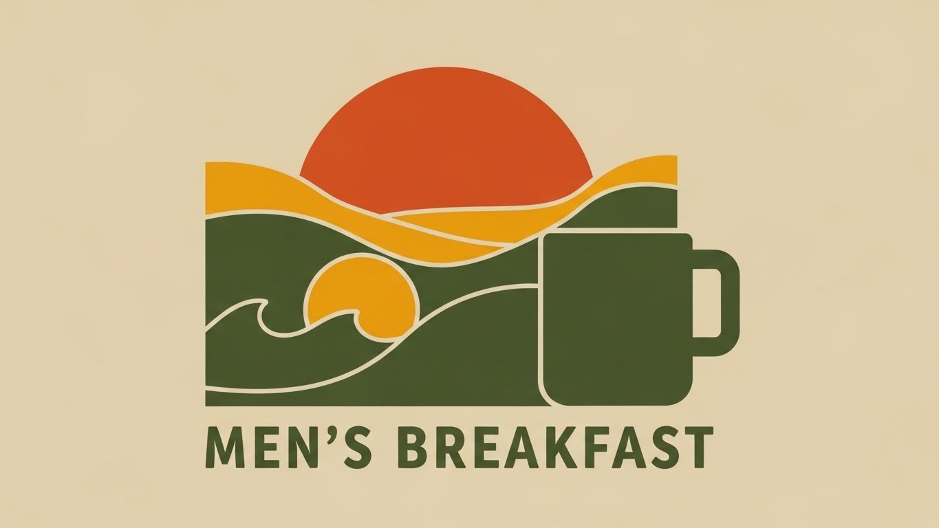 Crossroads Men’s Breakfast graphic with coffee and sunrise.