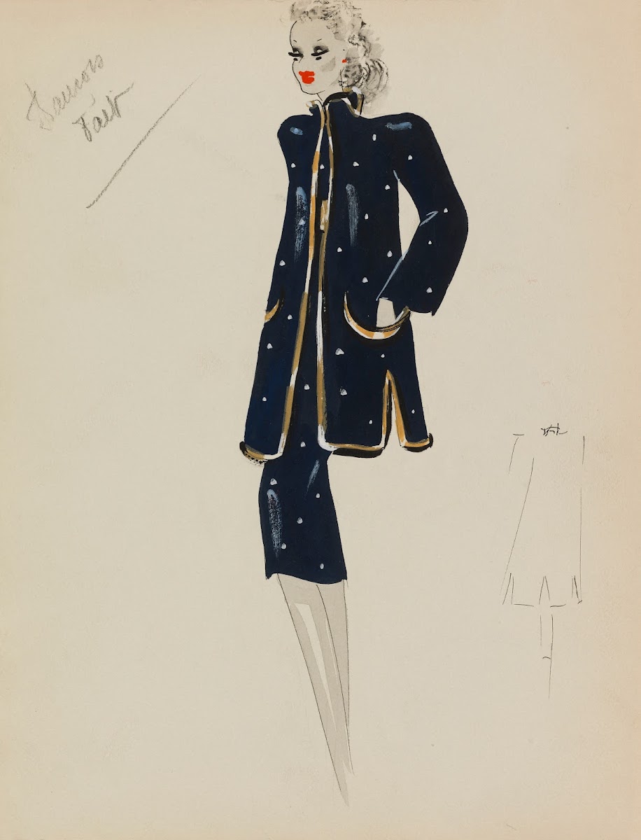 Deux pièces bleu marine à pois blancs et bordure dorée 1938