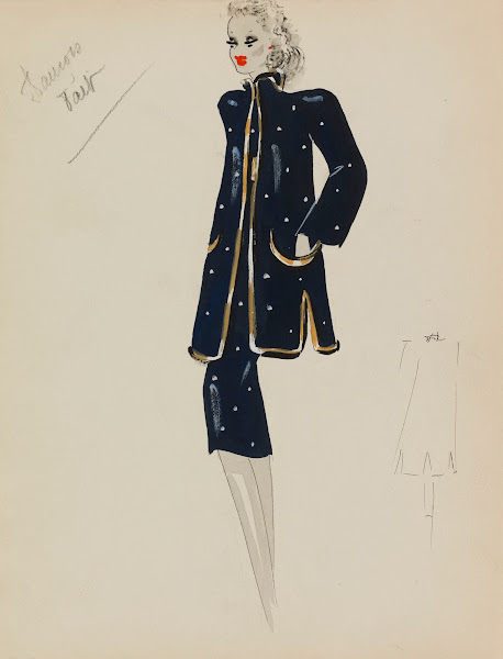 Deux pièces bleu marine à pois blancs et bordure dorée 1938