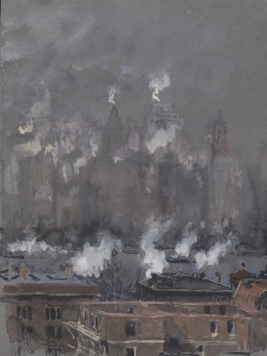 Smoke and fog on gray day New York City 1910