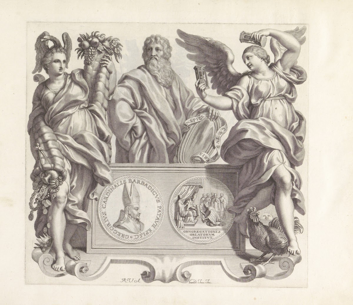 Portret van Gregorio Barbarigo en de personificaties Vrijgevigheid Onderwijs en