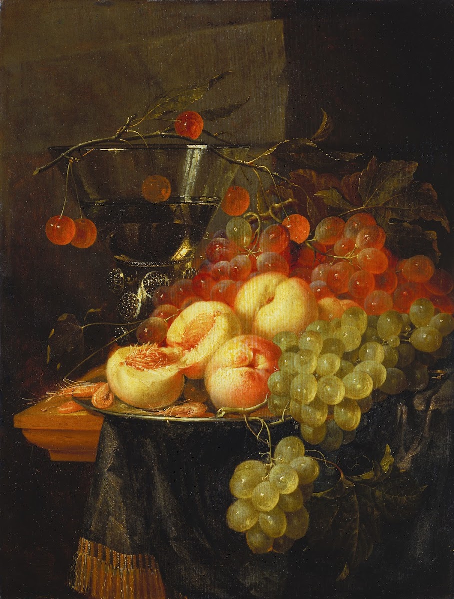 Still Life with Fruit and a Cherry Branch over a Berkemeyer Glass ca 1658