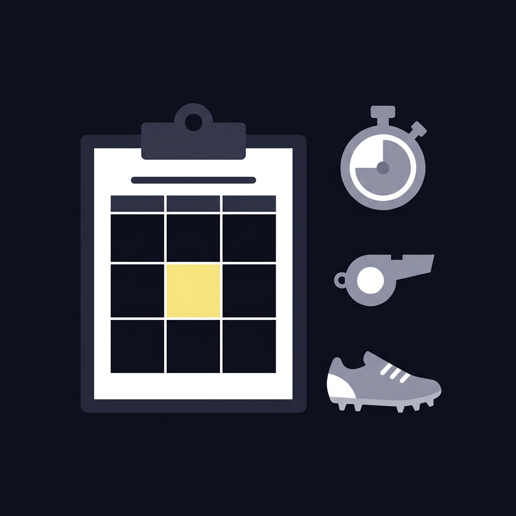 Minimal 2D vector of a clipboard showing a best of three trials table a stopwatch whistle and a running cleat on a dark navy background conveying american football tips