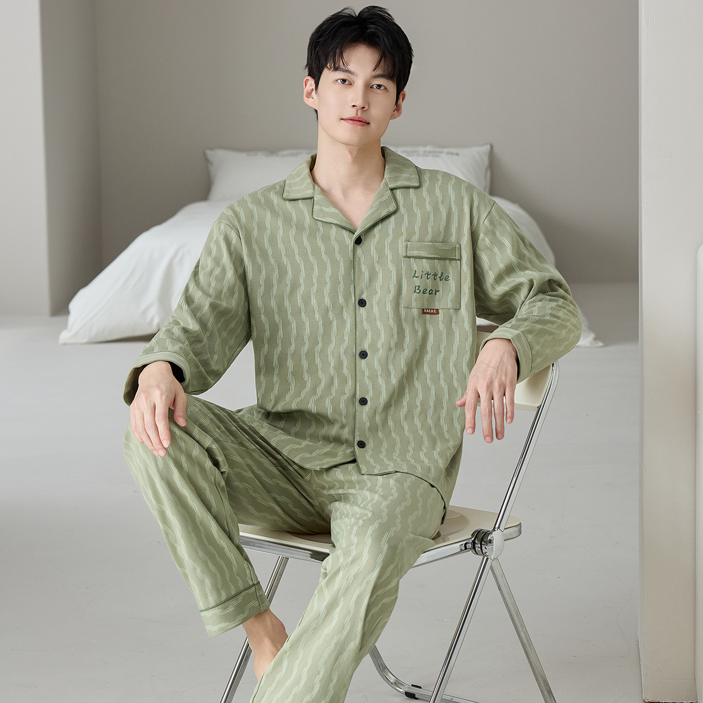 Herren-Pyjama-Set, Baumwolle, gestreift/kariert, Langarm
