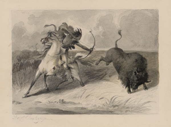Native American on horseback hunting buffalo